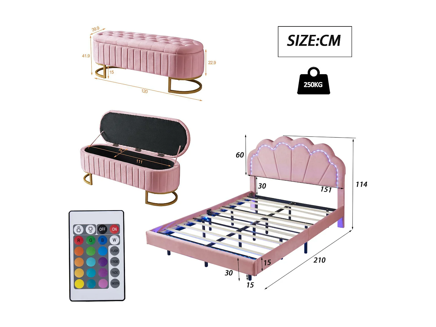 Lit rembourré en velours avec LED - 140x200cm - avec un banc de rangement - Rose