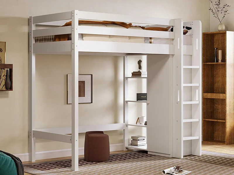 Hochbett 90x200cm aus massivem Kiefernholz – mit Kleiderschrank und Regalen – Weiß