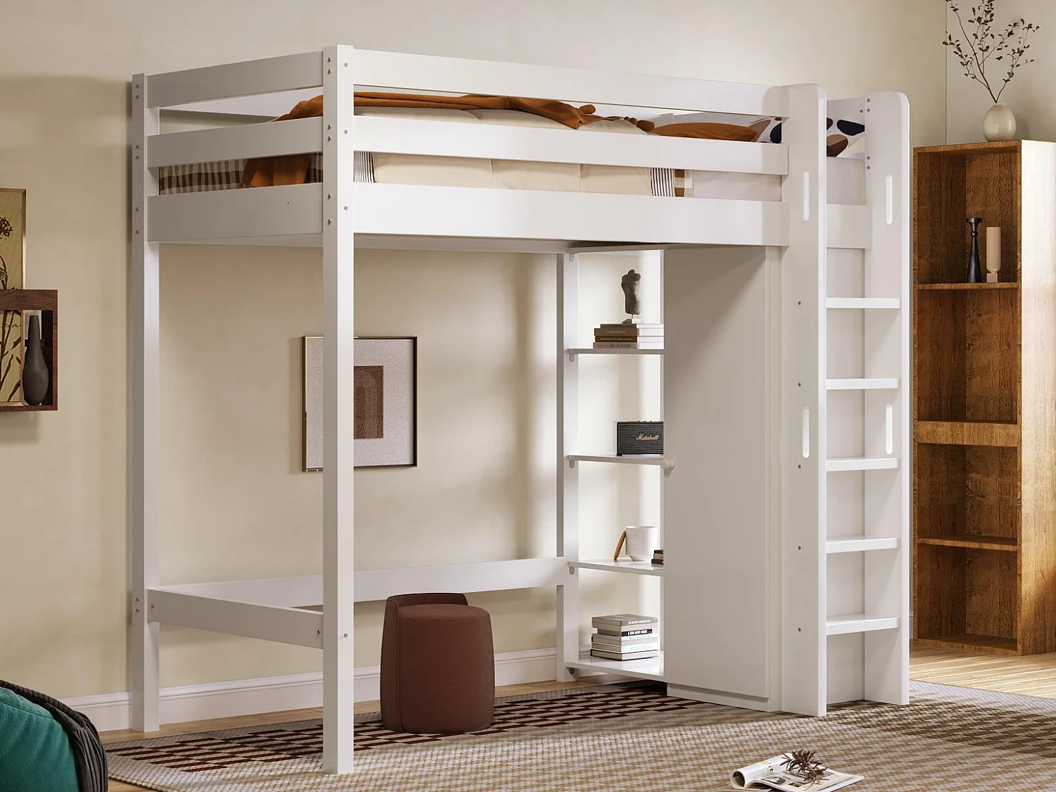 Hochbett 90x200cm aus massivem Kiefernholz – mit Kleiderschrank und Regalen – Weiß