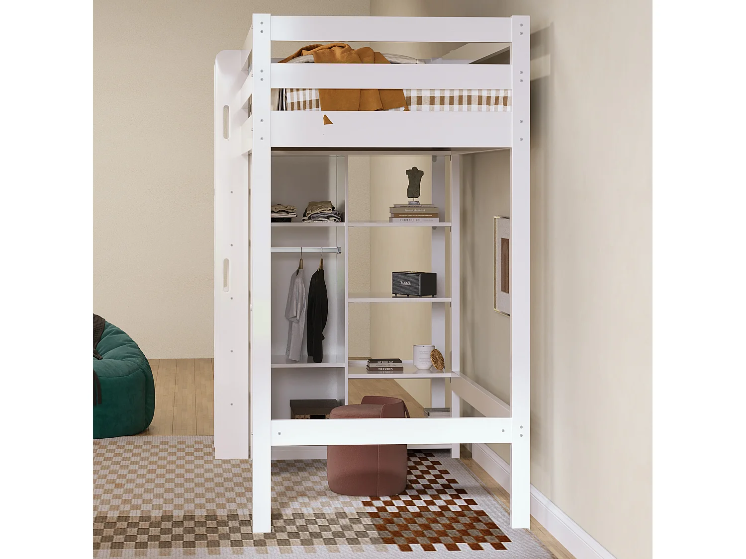 Hochbett 90x200cm aus massivem Kiefernholz – mit Kleiderschrank und Regalen – Weiß