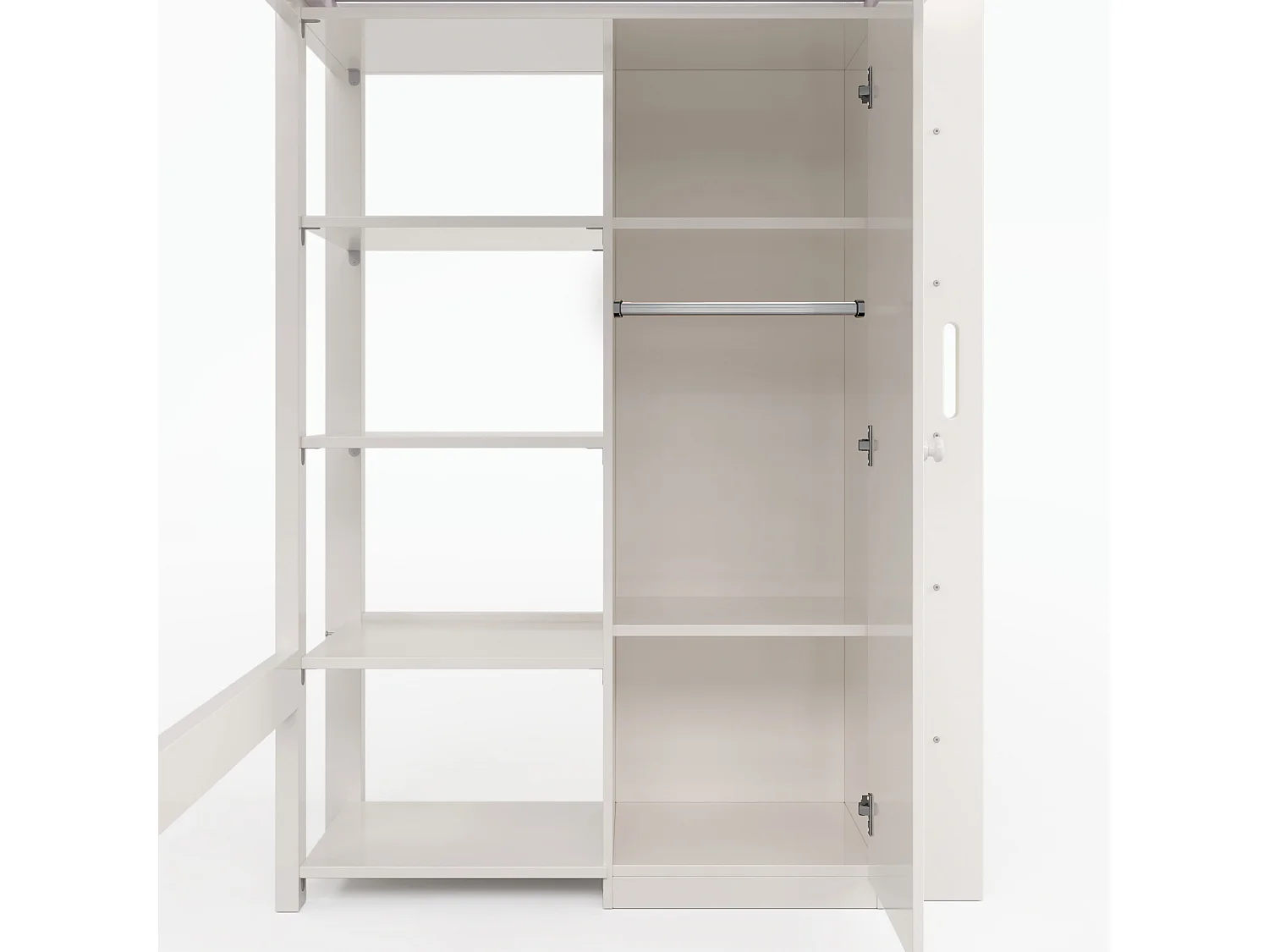 Hochbett 90x200cm aus massivem Kiefernholz – mit Kleiderschrank und Regalen – Weiß