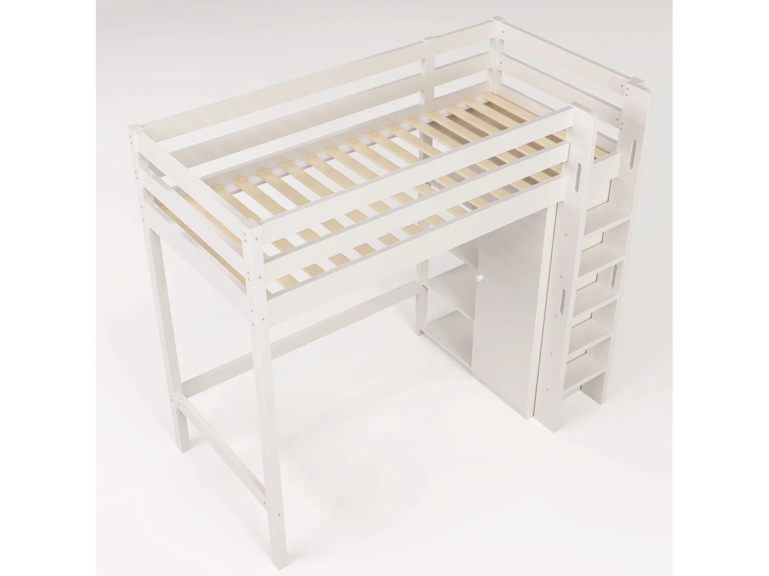 Hochbett 90x200cm aus massivem Kiefernholz – mit Kleiderschrank und Regalen – Weiß