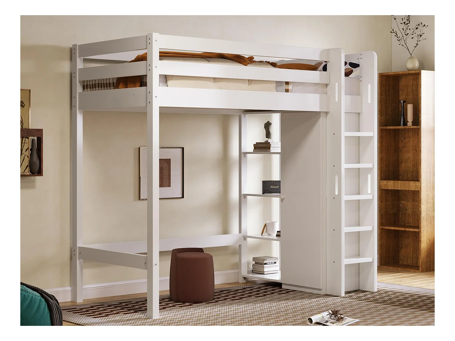 Hochbett 90x200cm aus massivem Kiefernholz – mit Kleiderschrank und Regalen – Weiß