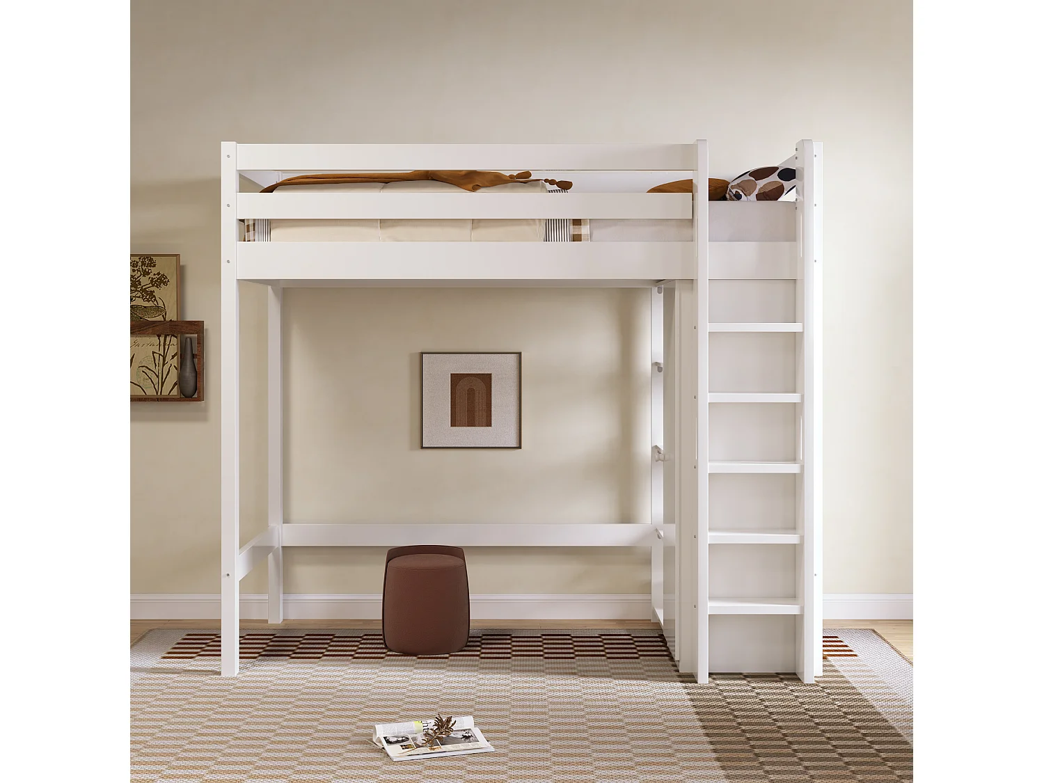 Lit mezzanine 90x200cm en bois massif - avec une armoire et étagères - Blanc