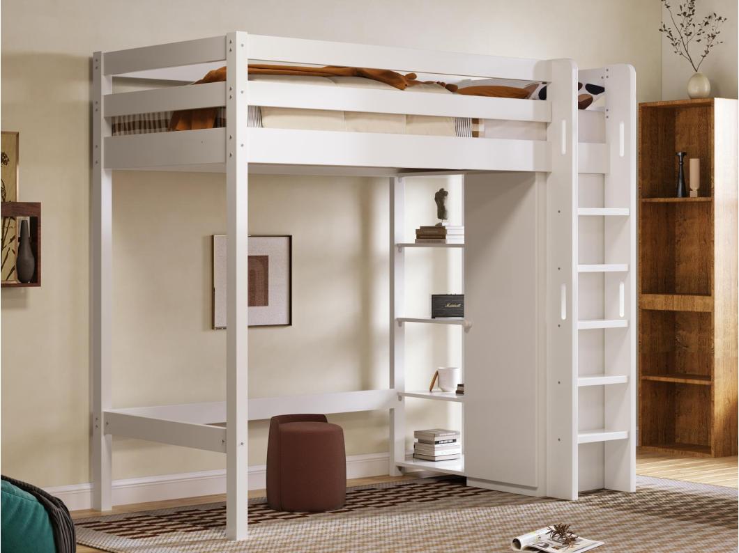 Cama alta 90x200cm em pinho maciço - com roupeiro e prateleiras - Branco