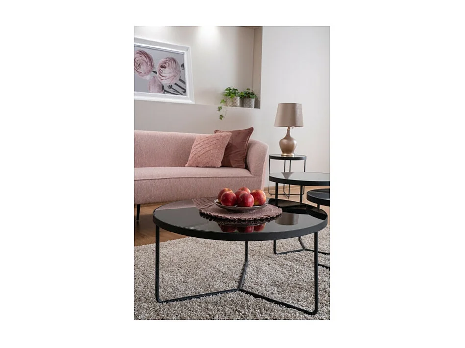 Lot de 3 tables d'appoint rondes en verre - Gris clair / Gris / Noir - D 80 / 50 / 50