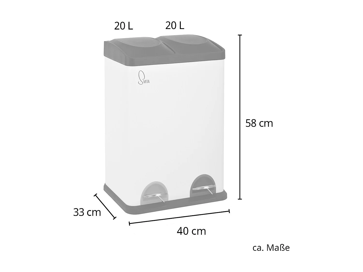 MÜLLEIMER TC2X20 Küchen-Eimer 40Liter Fassungsvermögen 2x20L Abfalleimer 2er-Mülleimer Weiß