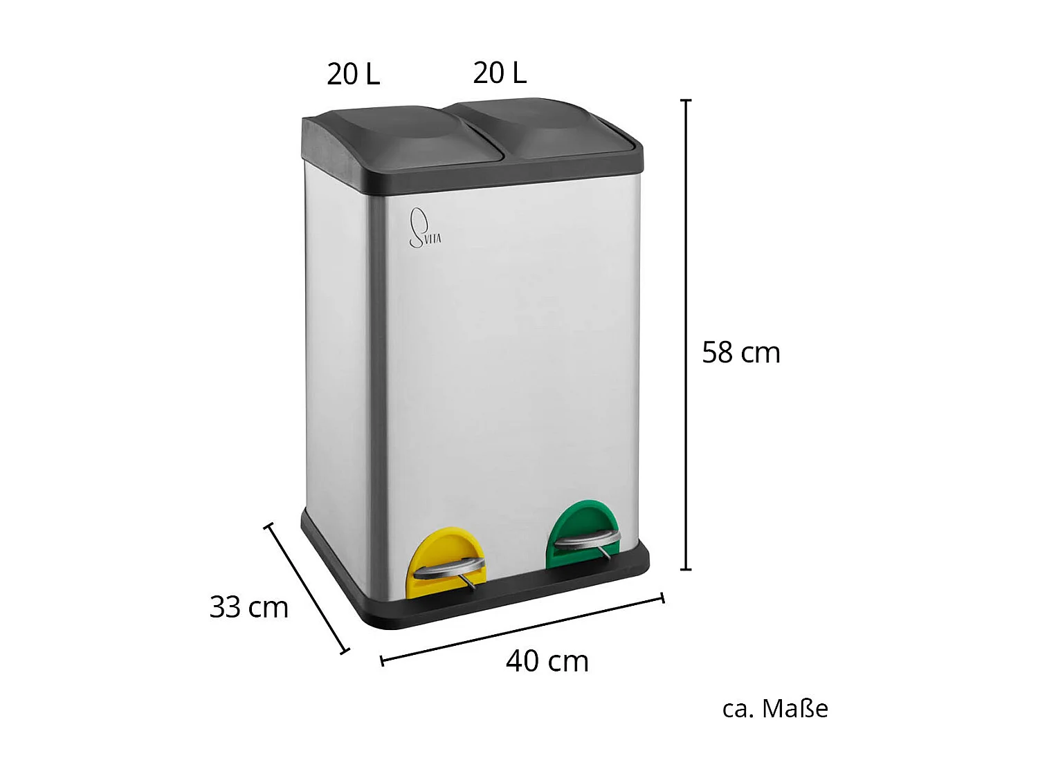 MÜLLEIMER TC2X20 Küchen-Eimer 40Liter Fassungsvermögen 2x20L Abfalleimer 2er-Mülleimer Silber