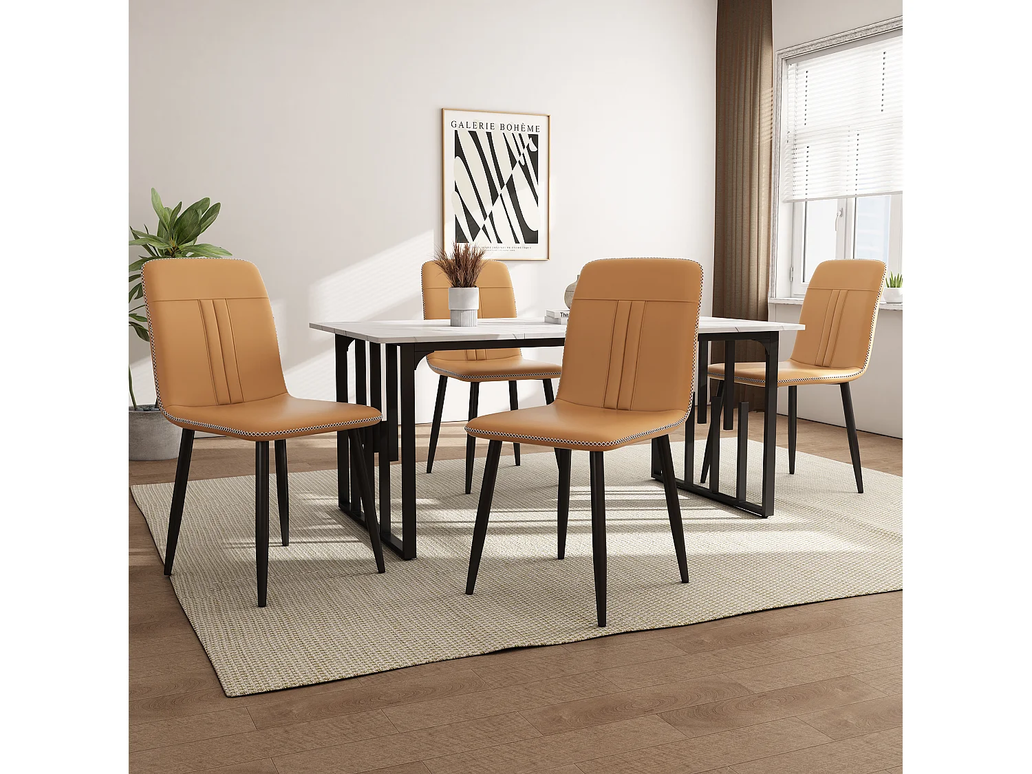 Lot de 4 chaises de salle à manger en cuir PU - Pièds en métal - Marron