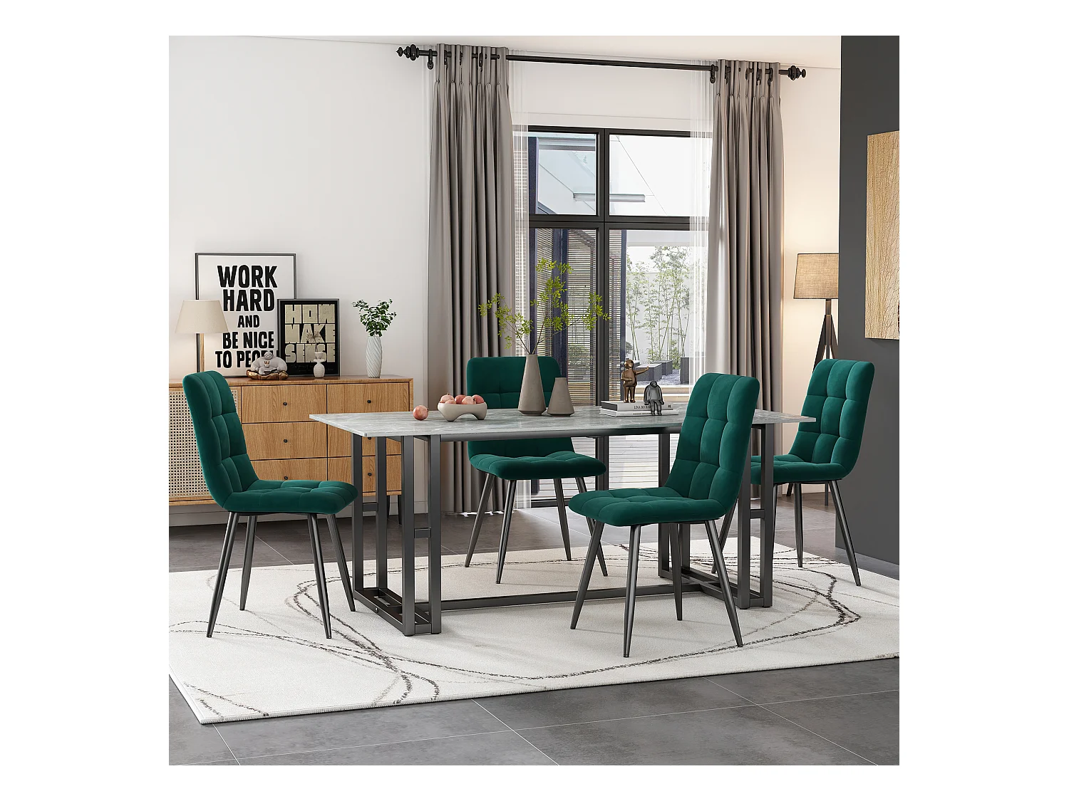 Lot de 4 chaises de salle à manger en velours - pièds en métal - vert foncé