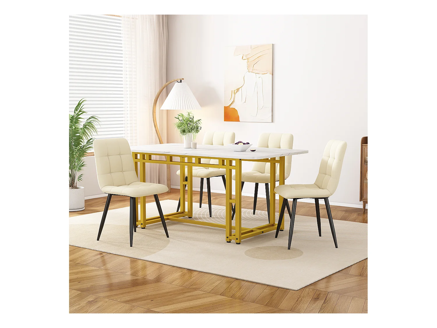 Table à manger 4 à 6 couverts en motif marbre - MDF + pieds en métal doré - blanc