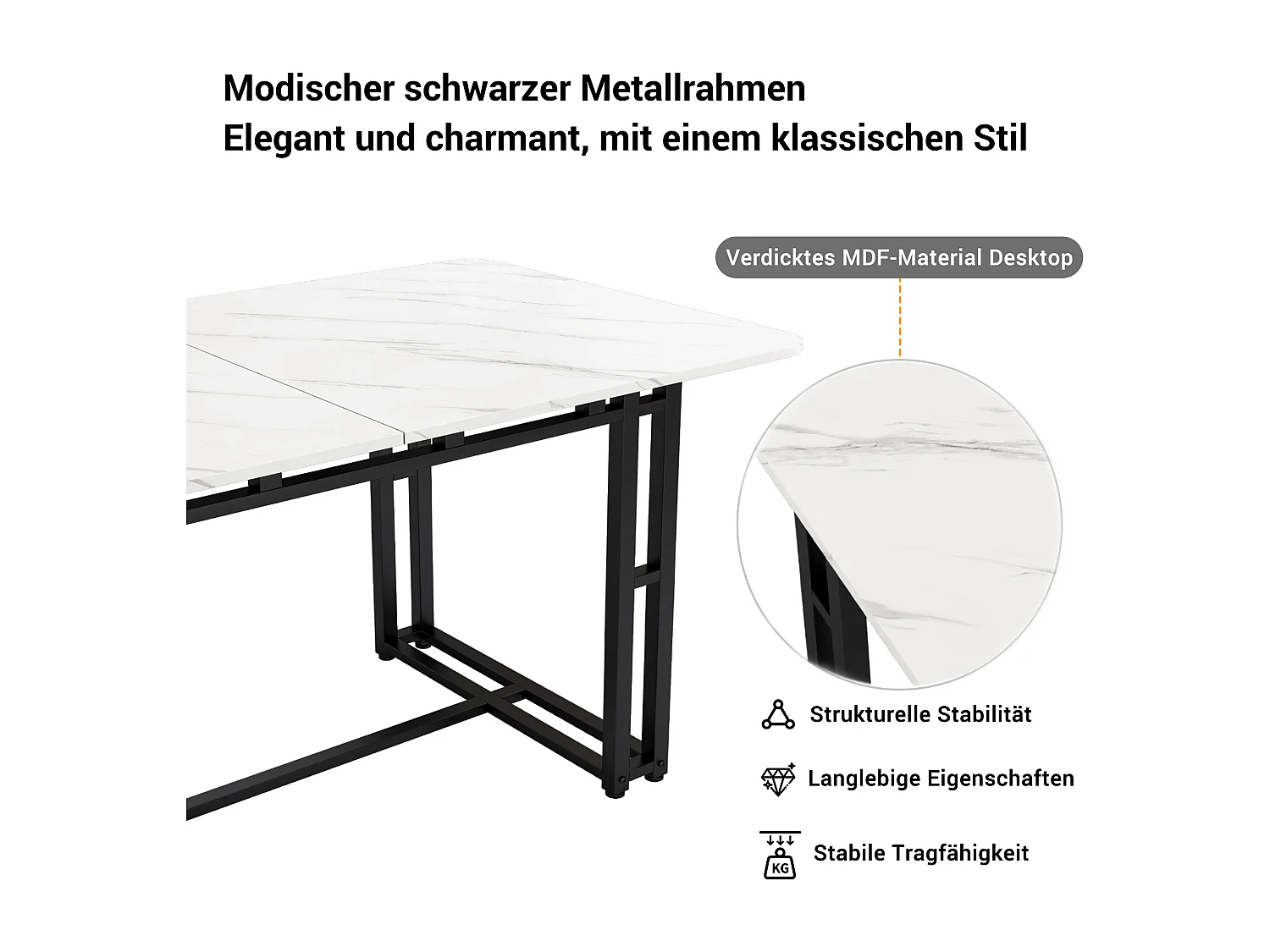 Table à manger 6 à 8 couverts en motif marbre - MDF + pieds en métal noir - blanc