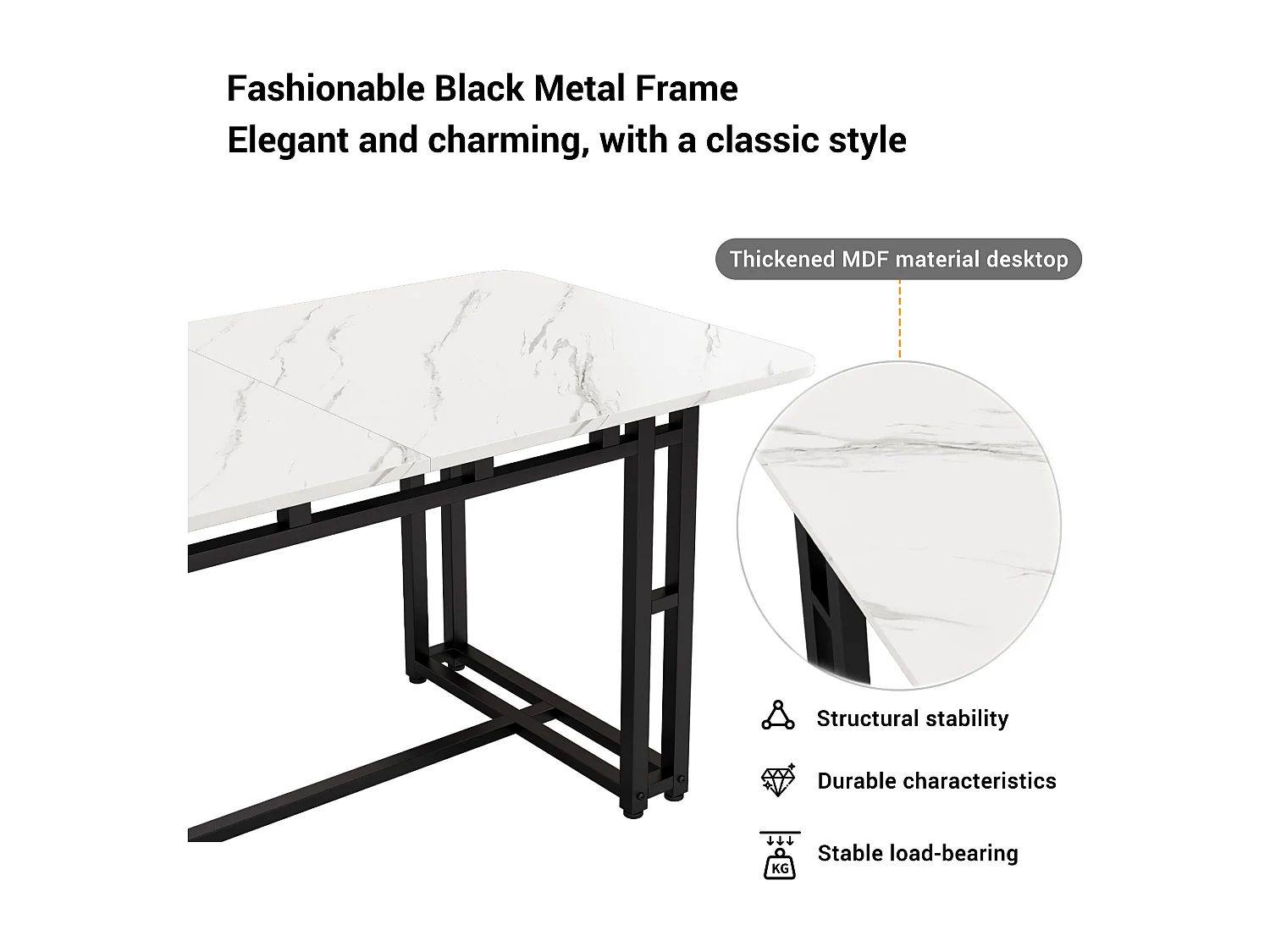 Eettafel voor 4 tot 6 couverts in marmerpatroon - MDF + zwarte metalen poten - wit