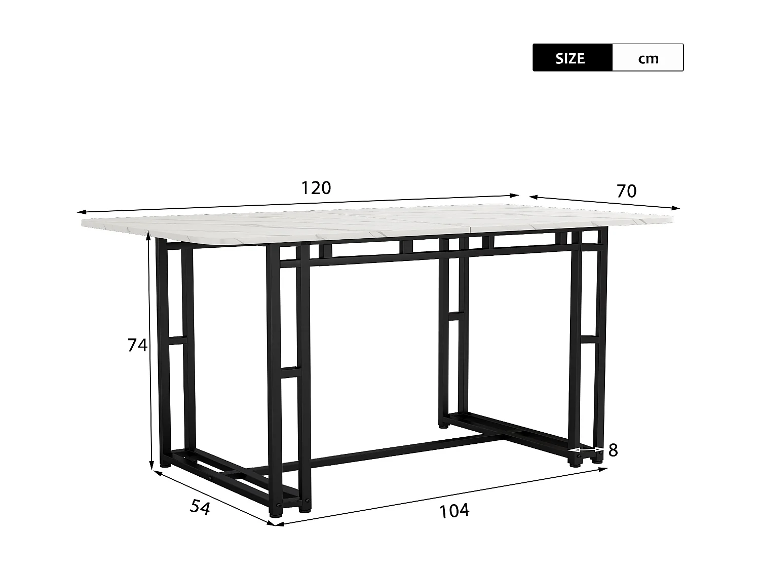 Table à manger 4 à 6 couverts en motif marbre - MDF + pieds en métal noir - blanc
