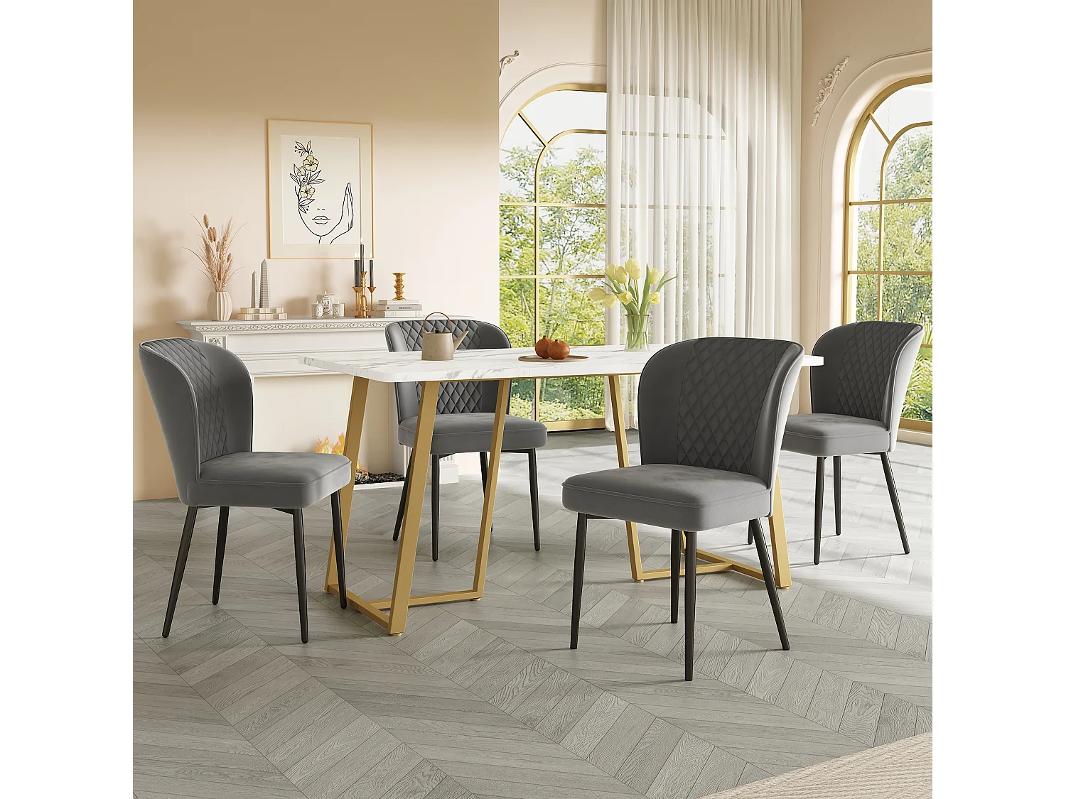 Table à manger 6 couverts en motif marbre - MDF + pièds en métal doré - blanc