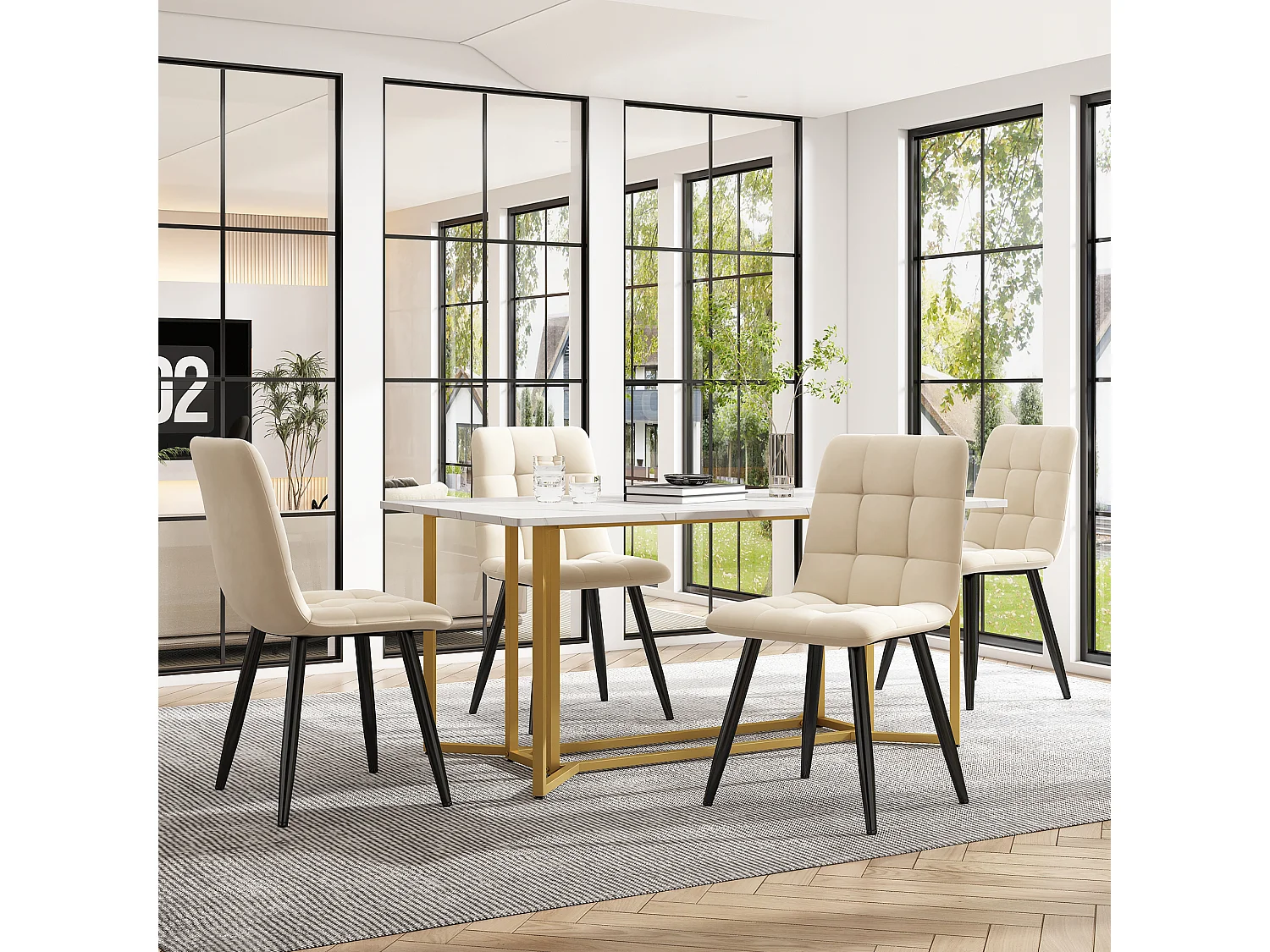 Mesa de comedor de 6 cubiertos con diseño de mármol - MDF + patas de metal dorado - blanco