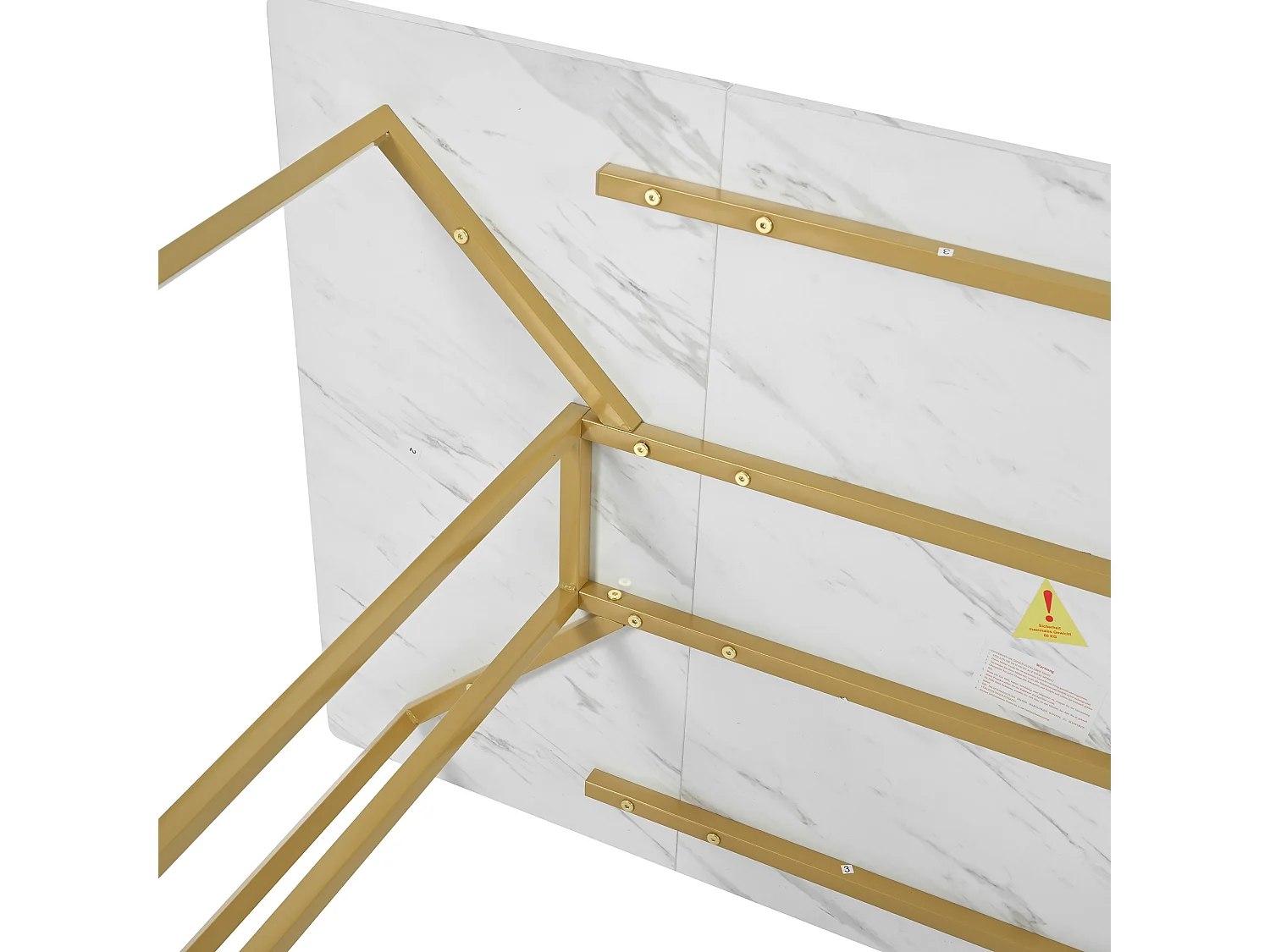 Mesa de comedor de 6 cubiertos con diseño de mármol - MDF + patas de metal dorado - blanco