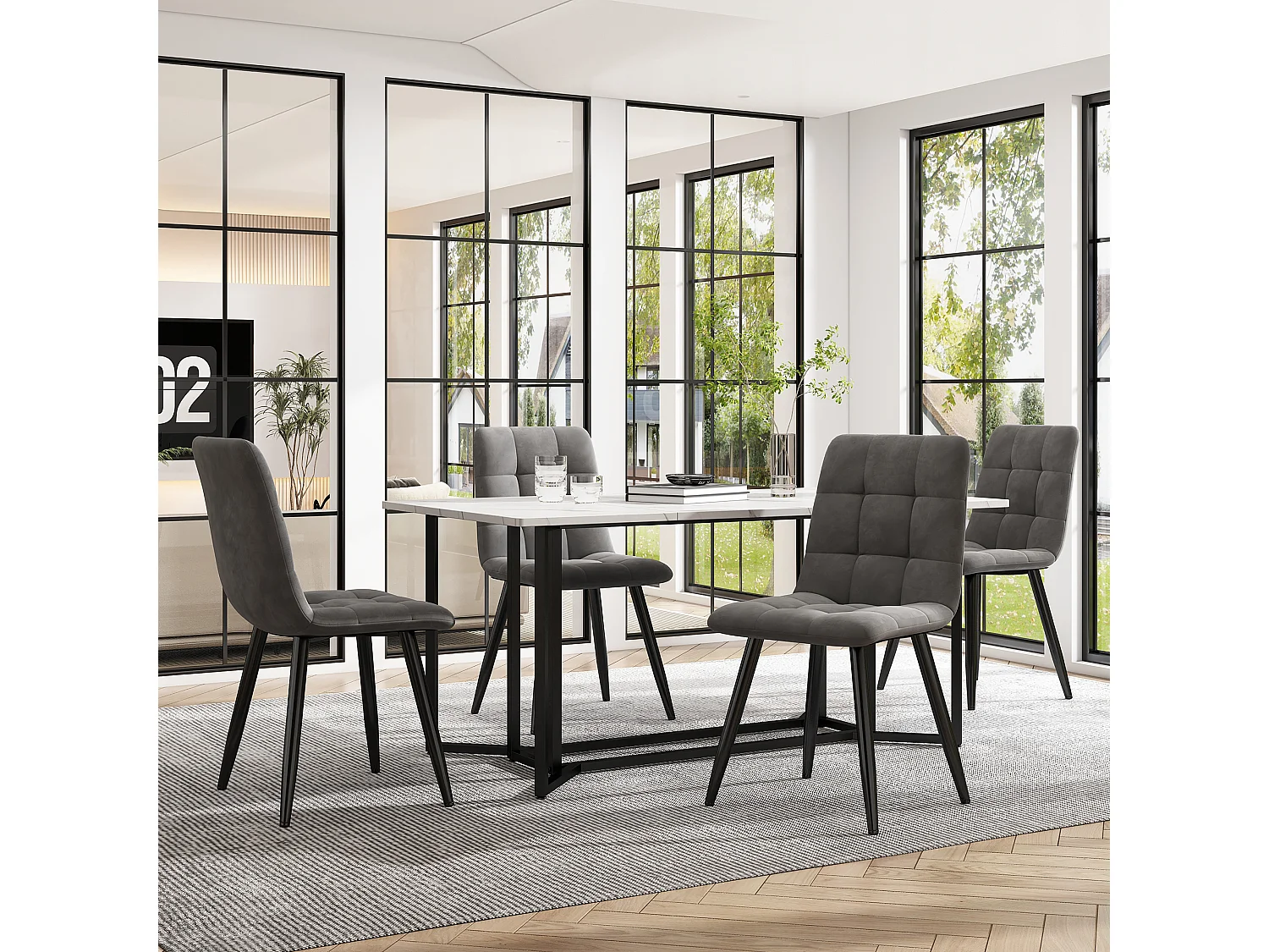 Table à manger 6 couverts en motif marbre - MDF + pièds en métal noir - blanc