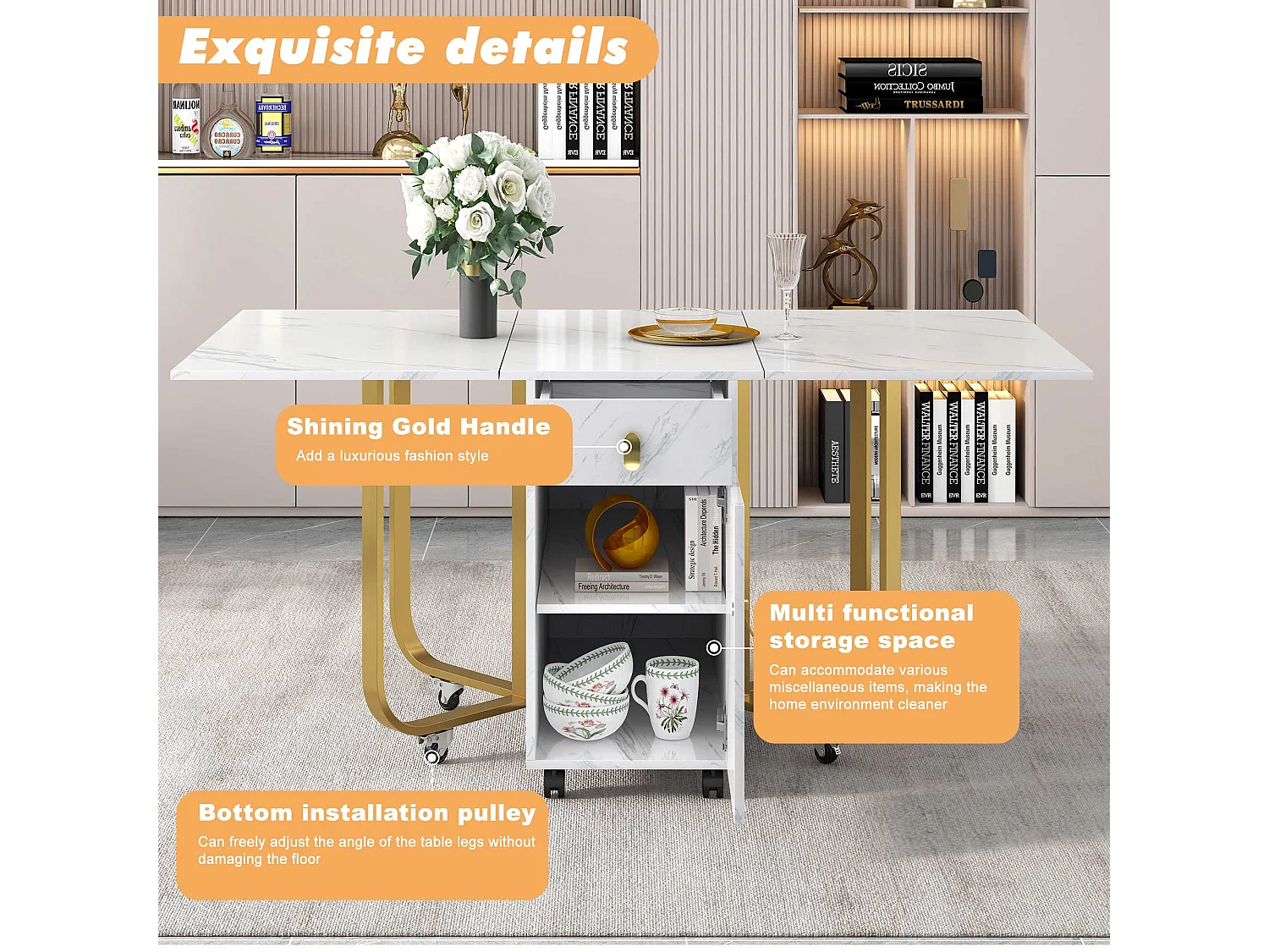 Mesa de jantar dobrável para 4 a 8 talheres com rodízios - 2 portas + 2 gavetas - MDF e metal - Dourado + branco