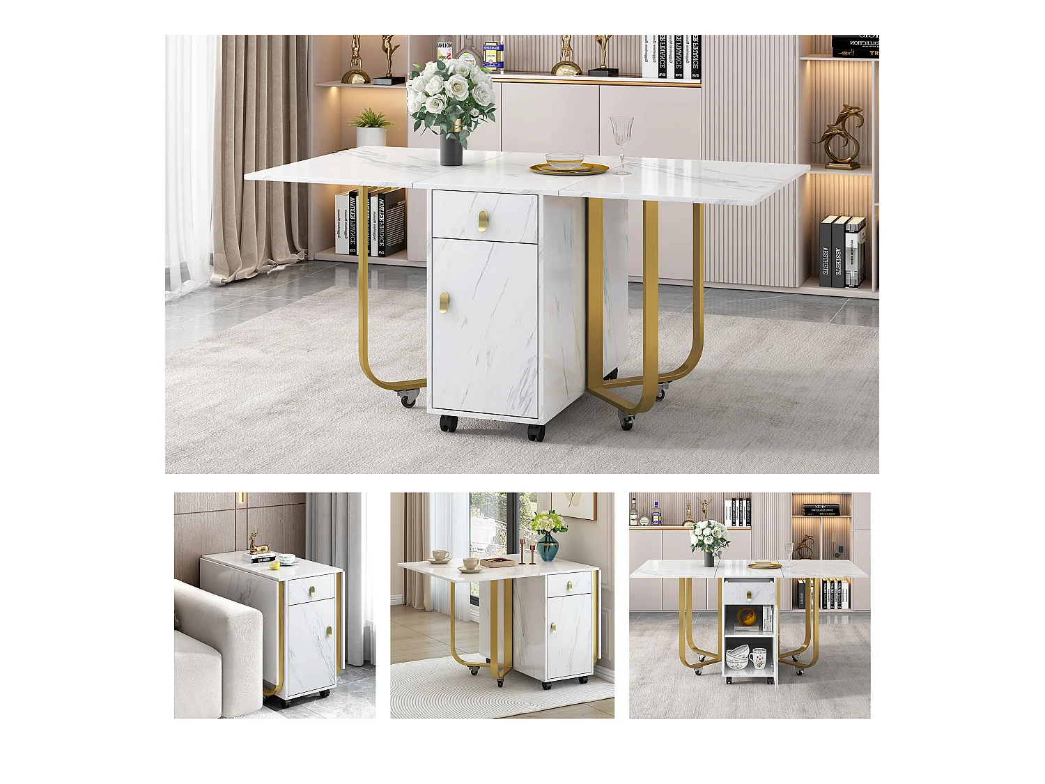 Mesa de comedor plegable para 4 a 8 cubiertos con ruedas - 2 puertas + 2 cajones - MDF y metal - Oro + blanco