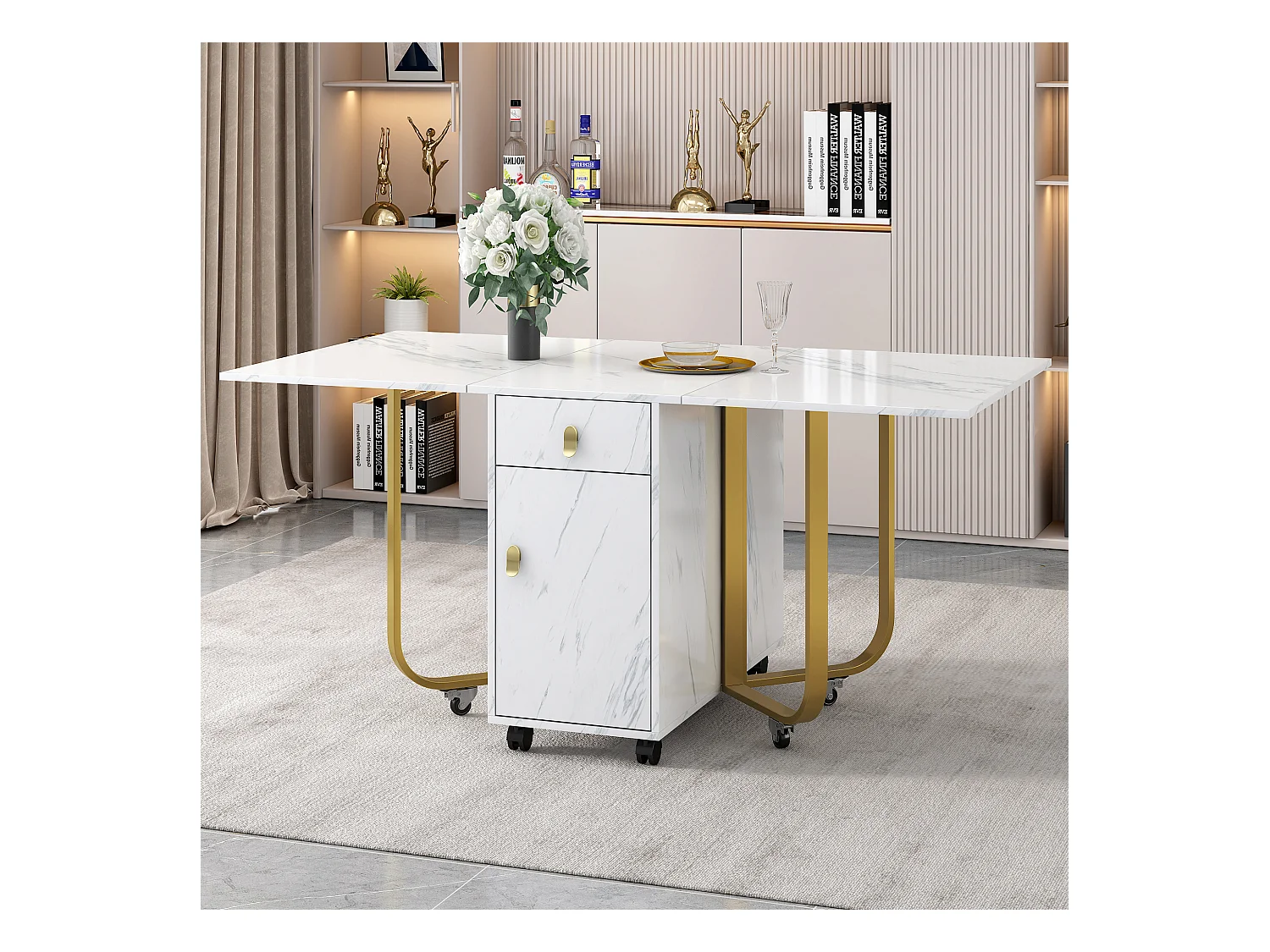 Klappbarer Esstisch für 4 bis 8 Gedecke auf Rollen – 2 Türen + 2 Schubladen – MDF und Metall – Gold + Weiß