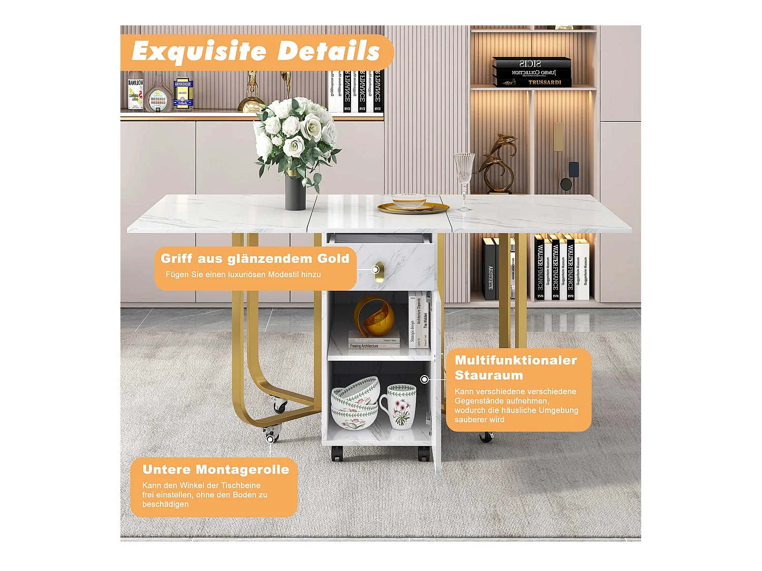 Klappbarer Esstisch für 4 bis 8 Gedecke auf Rollen – 2 Türen + 2 Schubladen – MDF und Metall – Gold + Weiß