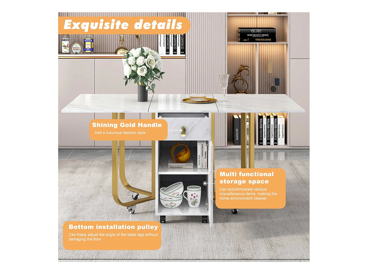 Klappbarer Esstisch für 4 bis 8 Gedecke auf Rollen – 2 Türen + 2 Schubladen – MDF und Metall – Gold + Weiß