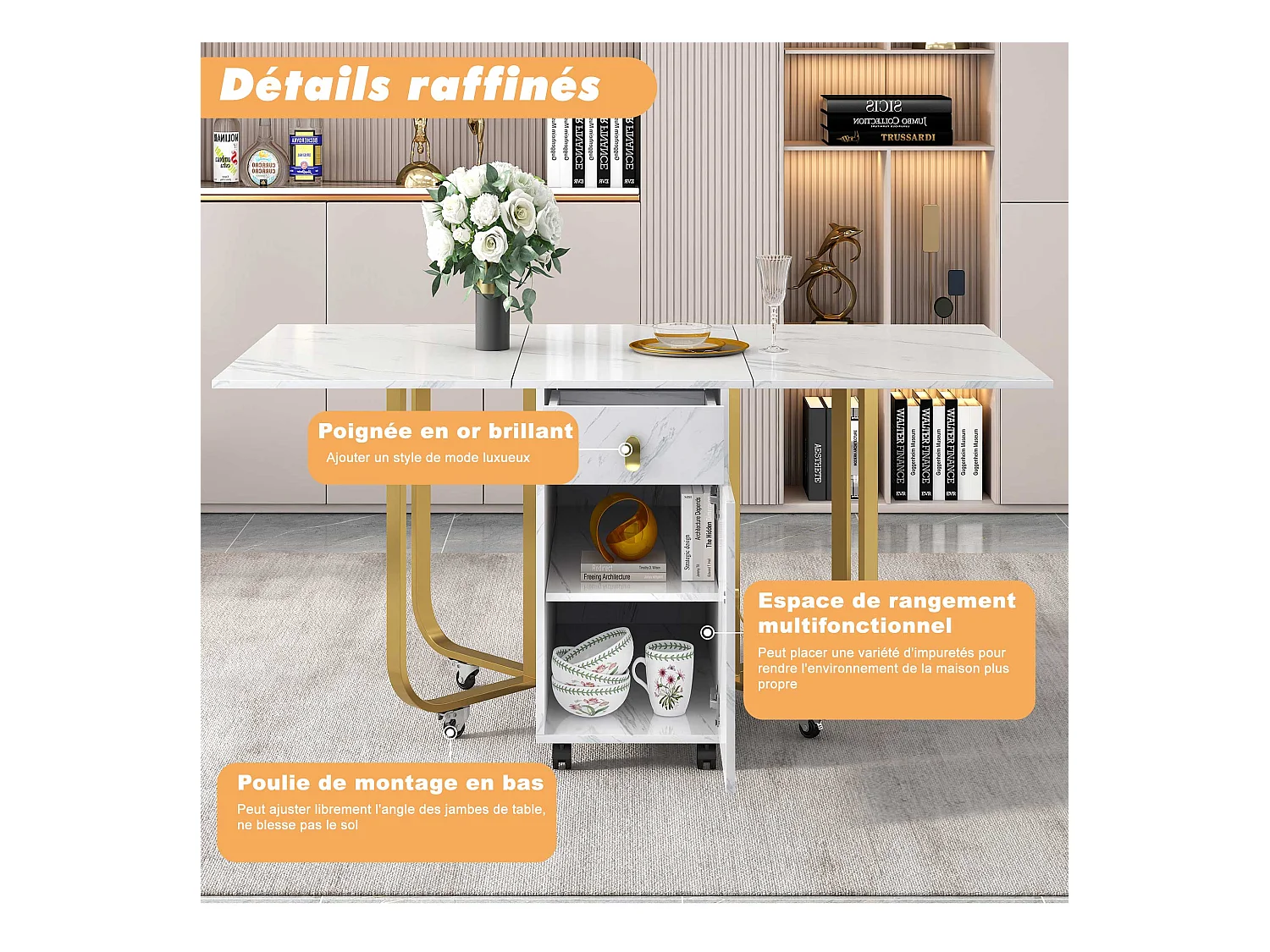 Klappbarer Esstisch für 4 bis 8 Gedecke auf Rollen – 2 Türen + 2 Schubladen – MDF und Metall – Gold + Weiß