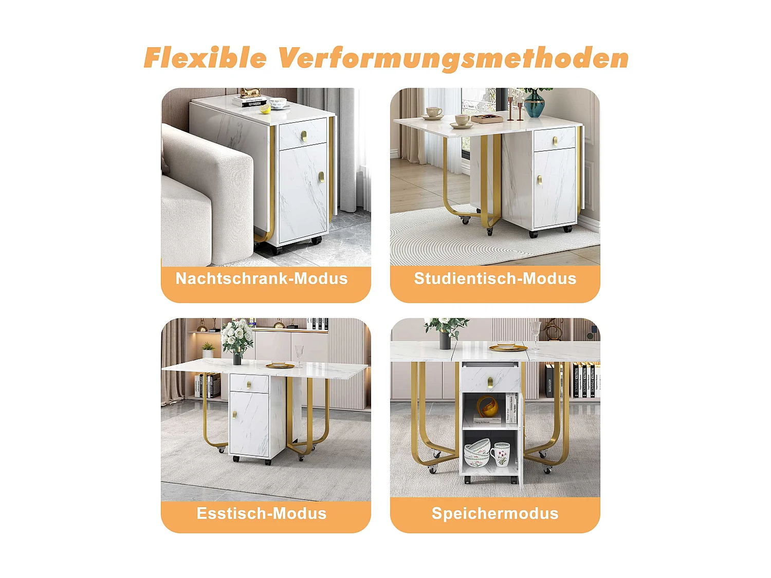Klappbarer Esstisch für 4 bis 8 Gedecke auf Rollen – 2 Türen + 2 Schubladen – MDF und Metall – Gold + Weiß