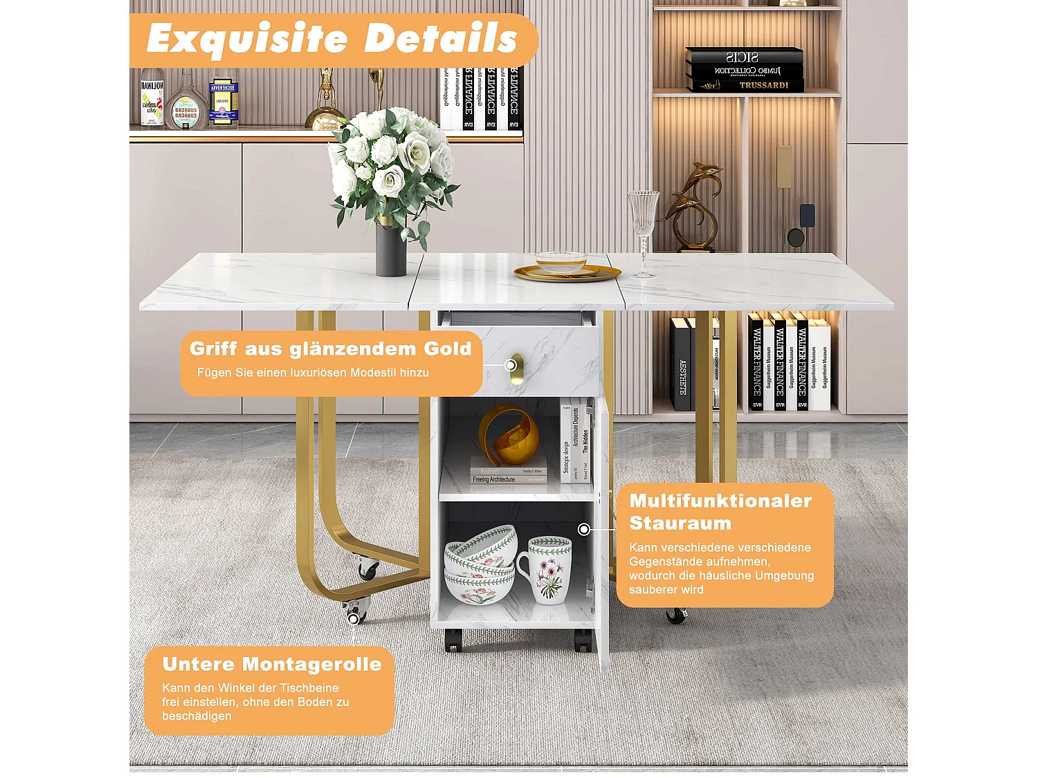 Opvouwbare eettafel voor 4 tot 8 couverts op wielen - 2 deuren + 2 laden - MDF en metaal - Goud + wit