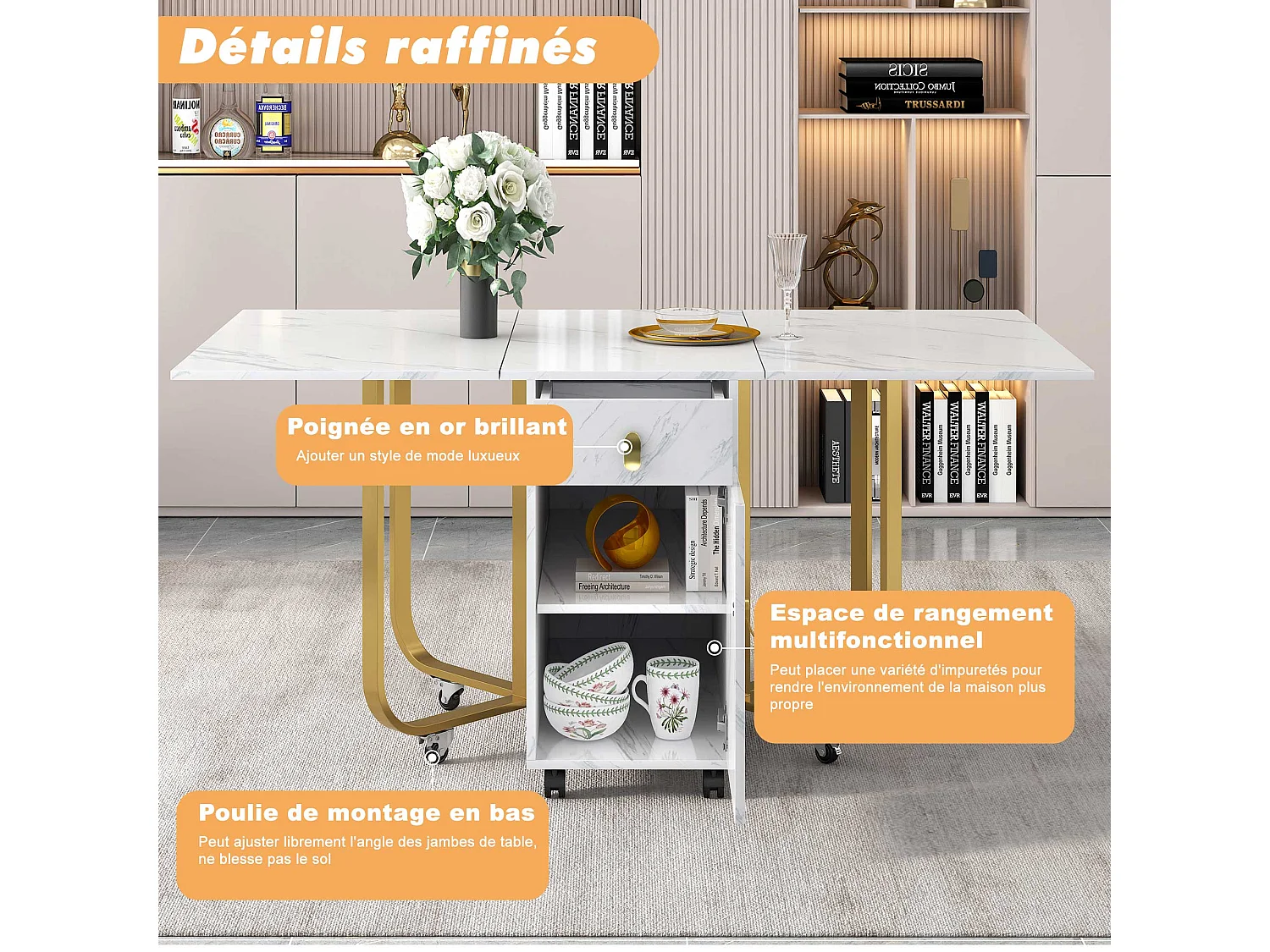 Opvouwbare eettafel voor 4 tot 8 couverts op wielen - 2 deuren + 2 laden - MDF en metaal - Goud + wit