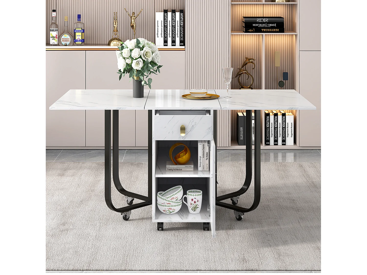 Table à manger pliable 4 à 8 couverts sur roulettes - 2 portes + 2 tiroirs - MDF et métal - Noir + blanc