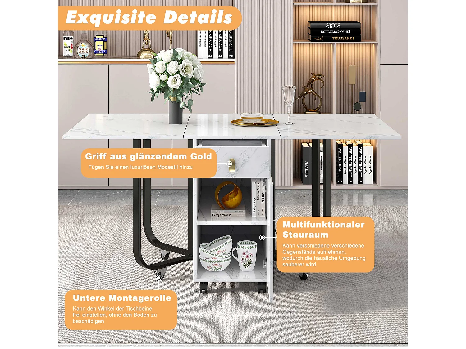 Table à manger pliable 4 à 8 couverts sur roulettes - 2 portes + 2 tiroirs - MDF et métal - Noir + blanc