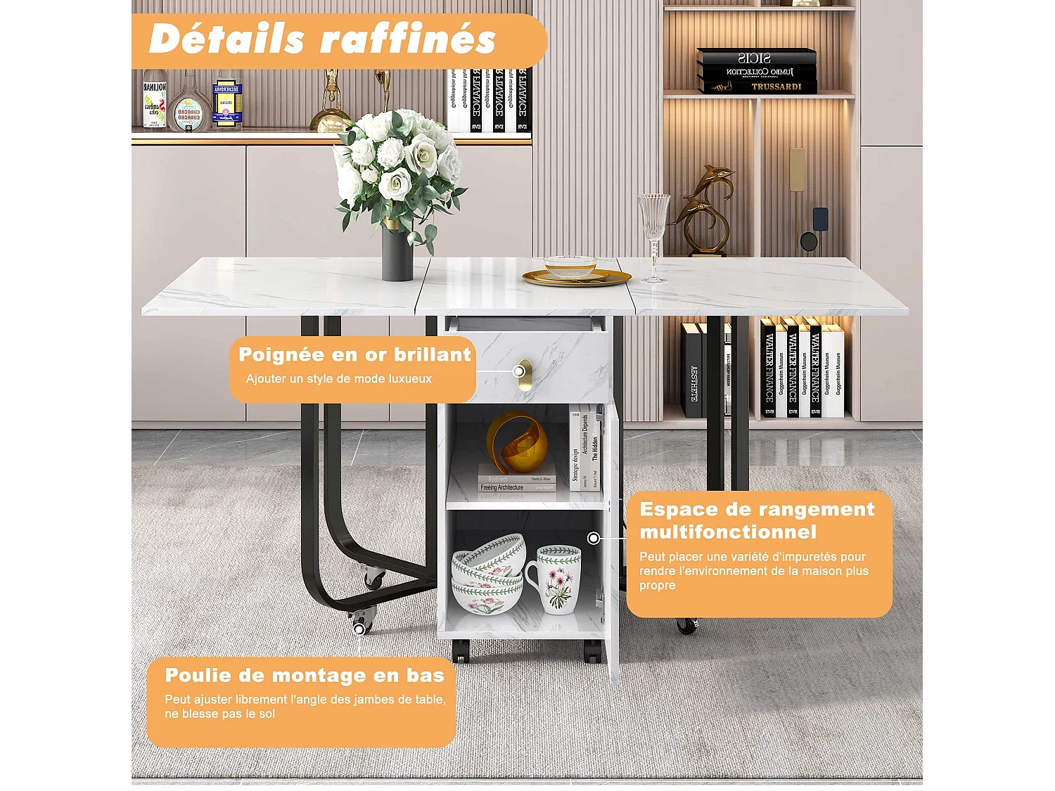 Table à manger pliable 4 à 8 couverts sur roulettes - 2 portes + 2 tiroirs - MDF et métal - Noir + blanc