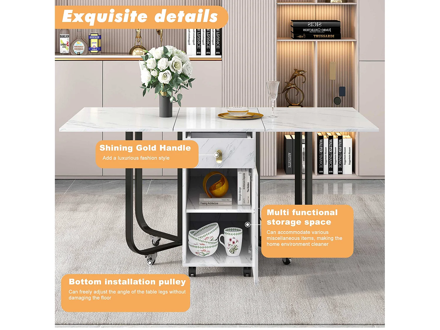 Table à manger pliable 4 à 8 couverts sur roulettes - 2 portes + 2 tiroirs - MDF et métal - Noir + blanc