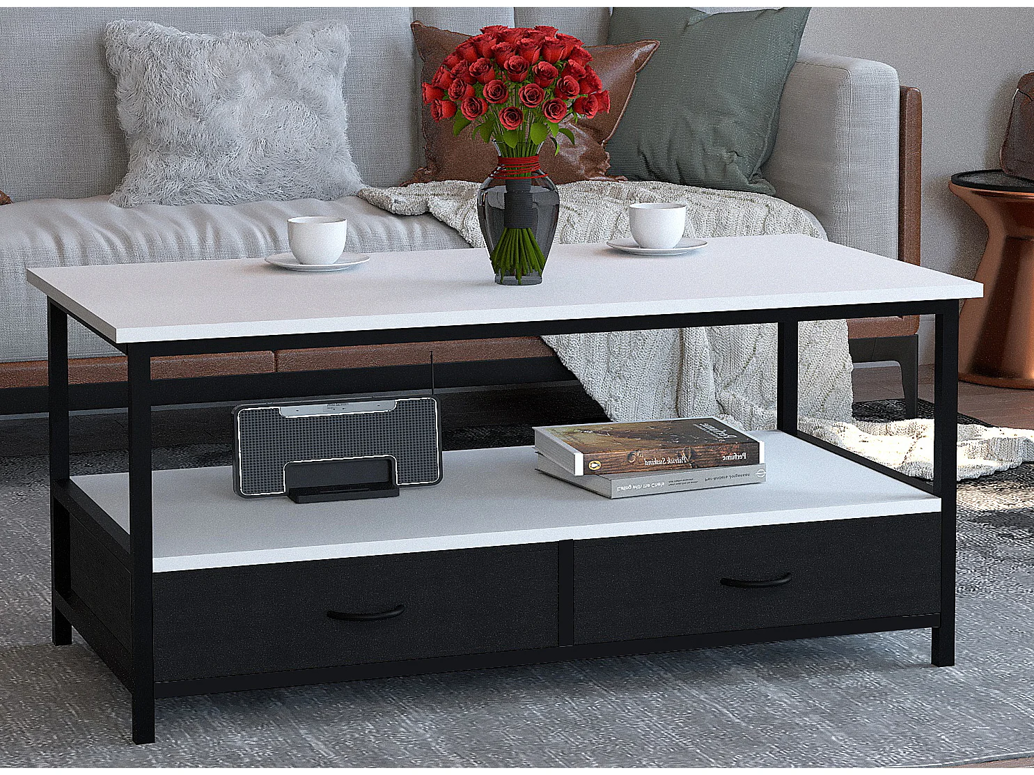 Metall Holz Schublade Sofatisch Couchtisch Flonila