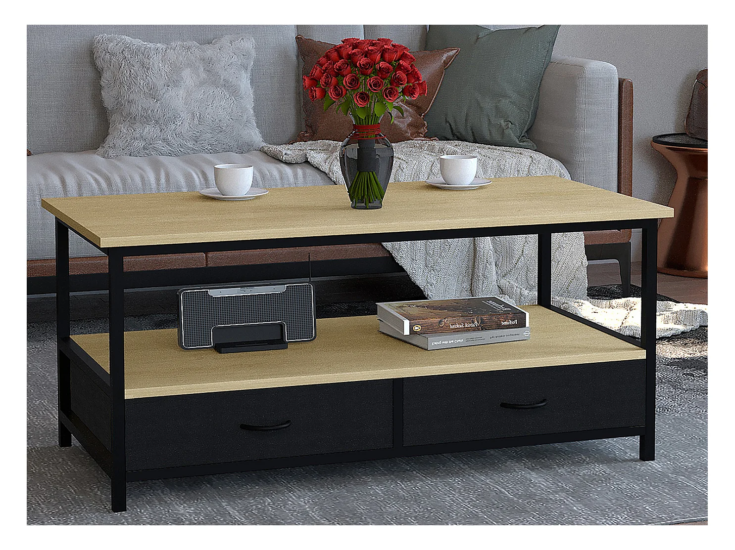 Metall Holz Schublade Sofatisch Couchtisch Flonila