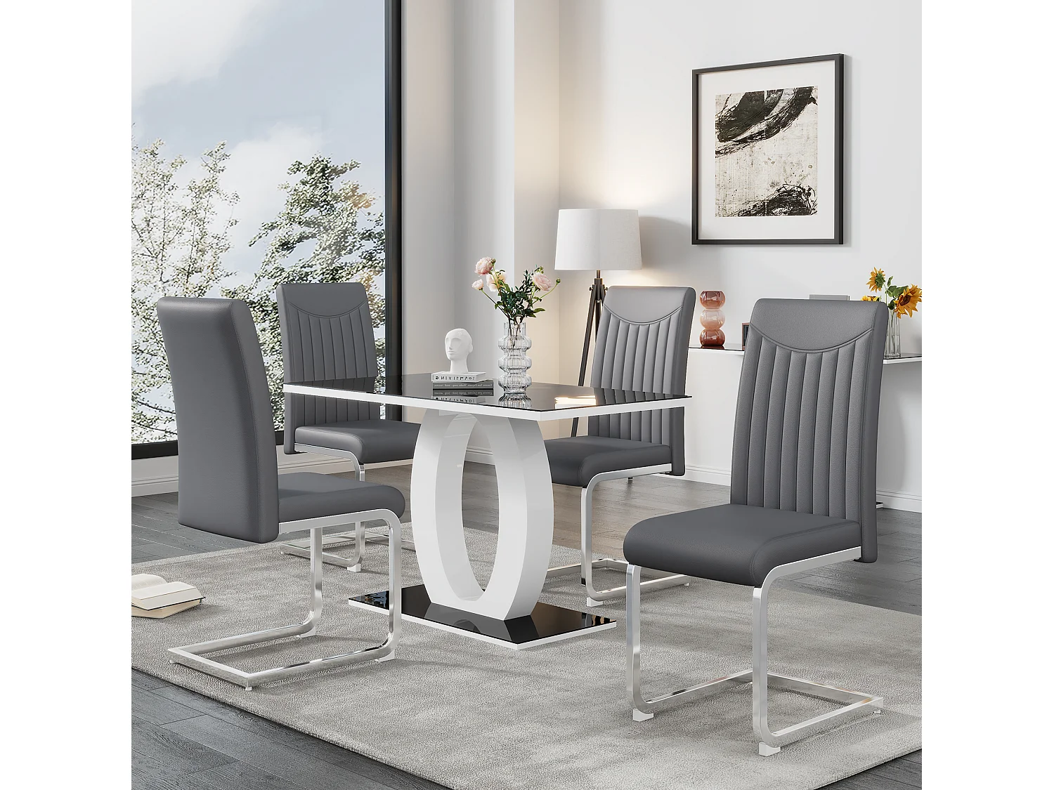 Lot de 4 chaises en cuir synthétique - pieds en métal - dossier à motif rayures - gris