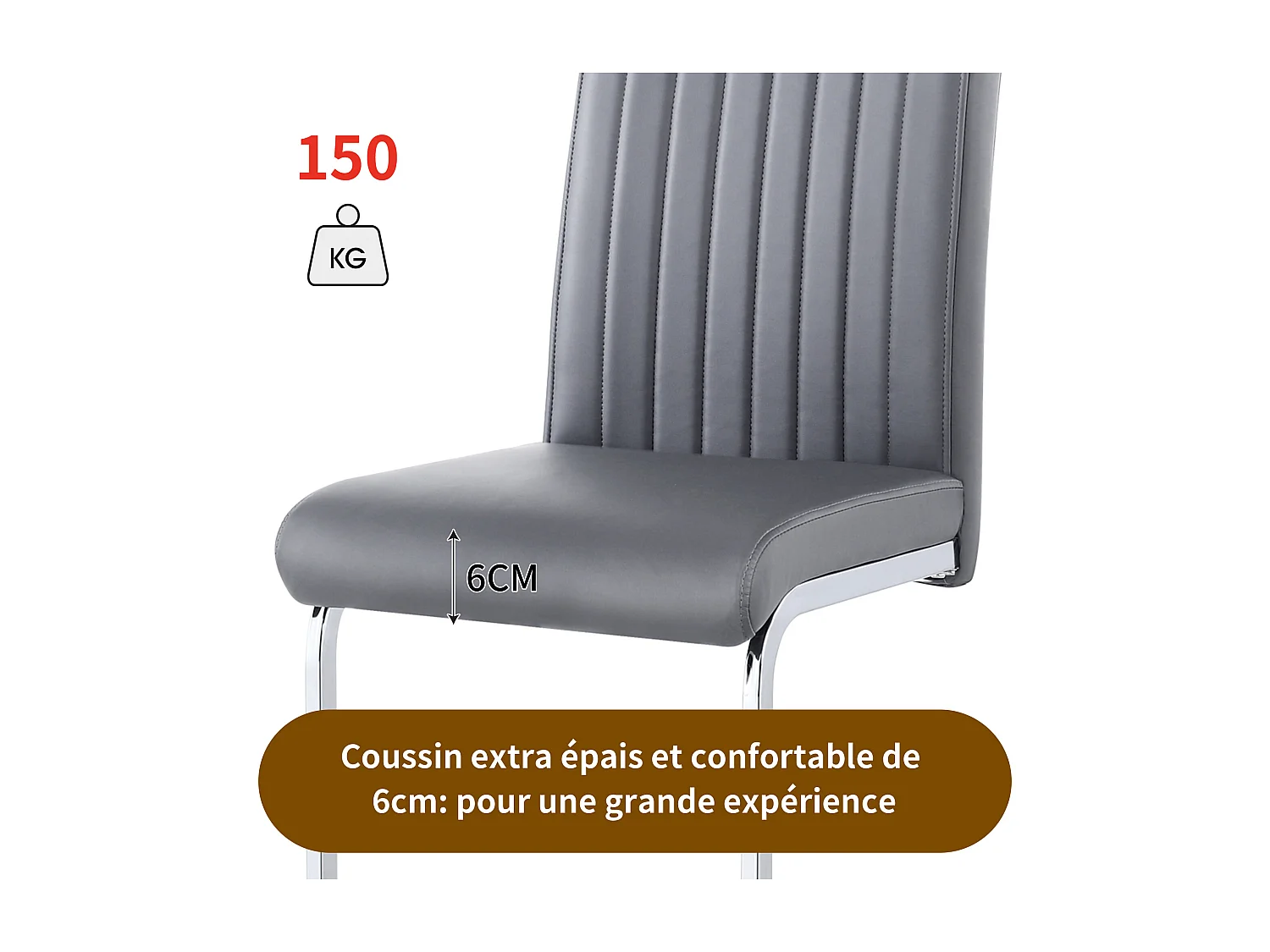 Lot de 4 chaises en cuir synthétique - pieds en métal - dossier à motif rayures - gris