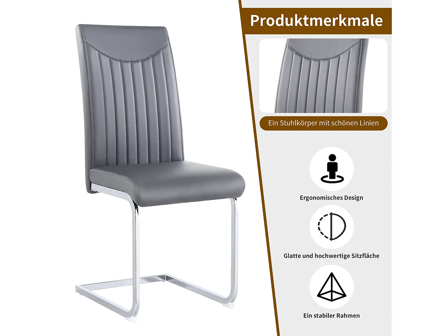 Lot de 4 chaises en cuir synthétique - pieds en métal - dossier à motif rayures - gris