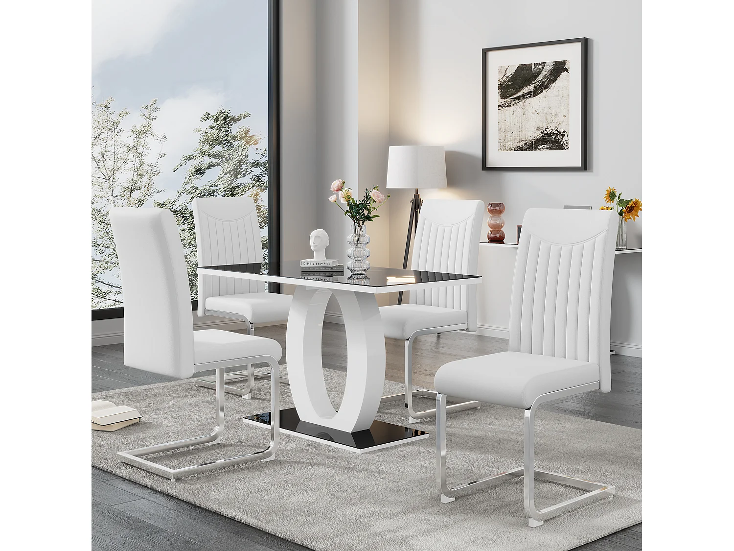 Lot de 4 chaises en cuir synthétique - pieds en métal - dossier à motif rayures - blanc