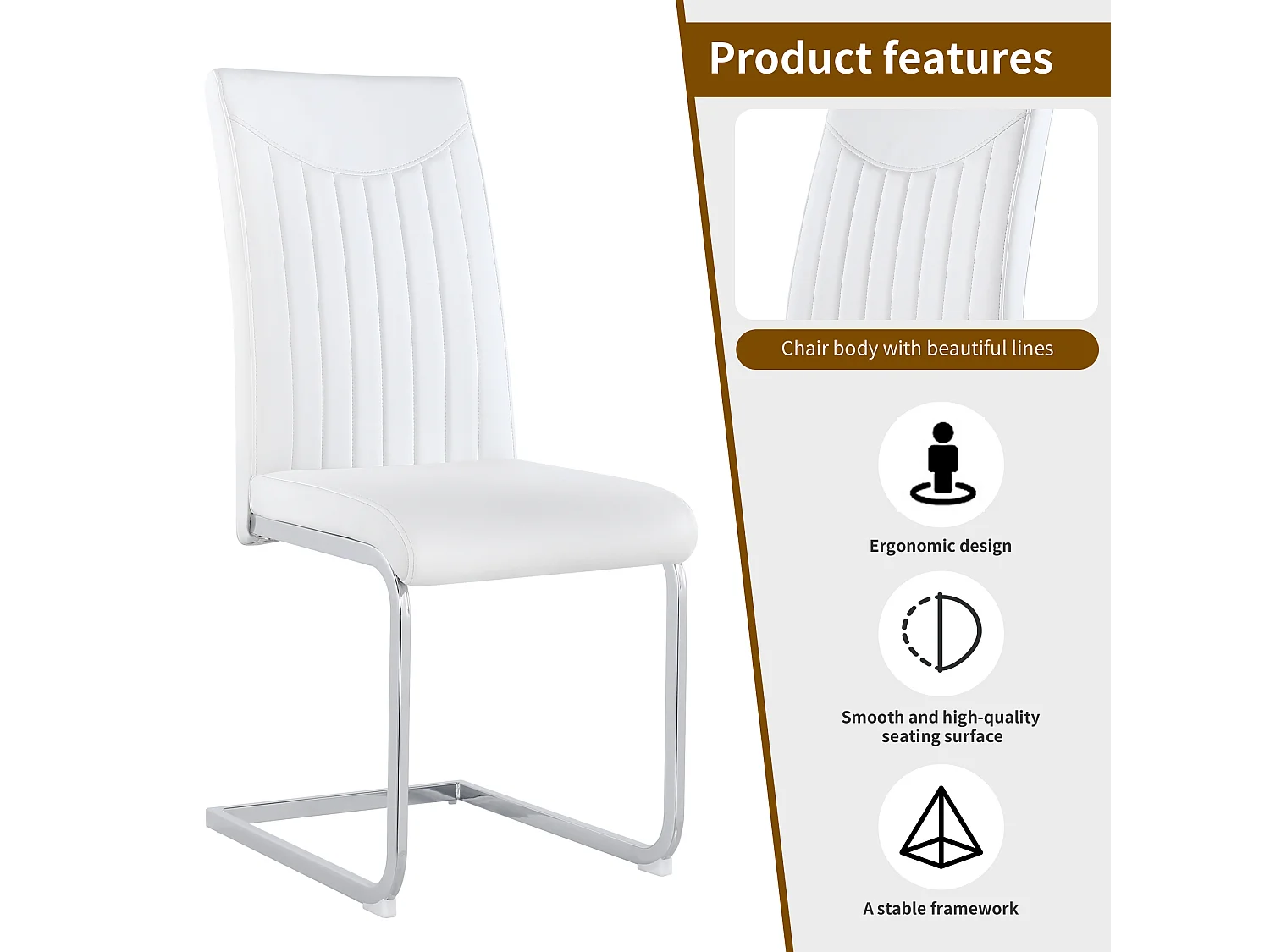 Lot de 4 chaises en cuir synthétique - pieds en métal - dossier à motif rayures - blanc