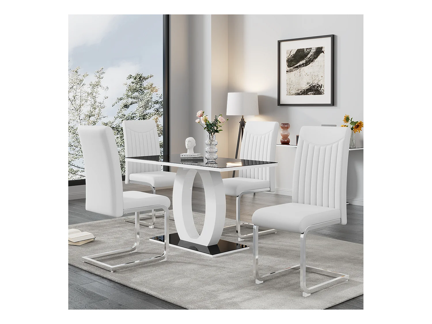 Set van 4 stoelen van synthetisch leer - metalen poten - rugleuning met gestreept patroon - wit