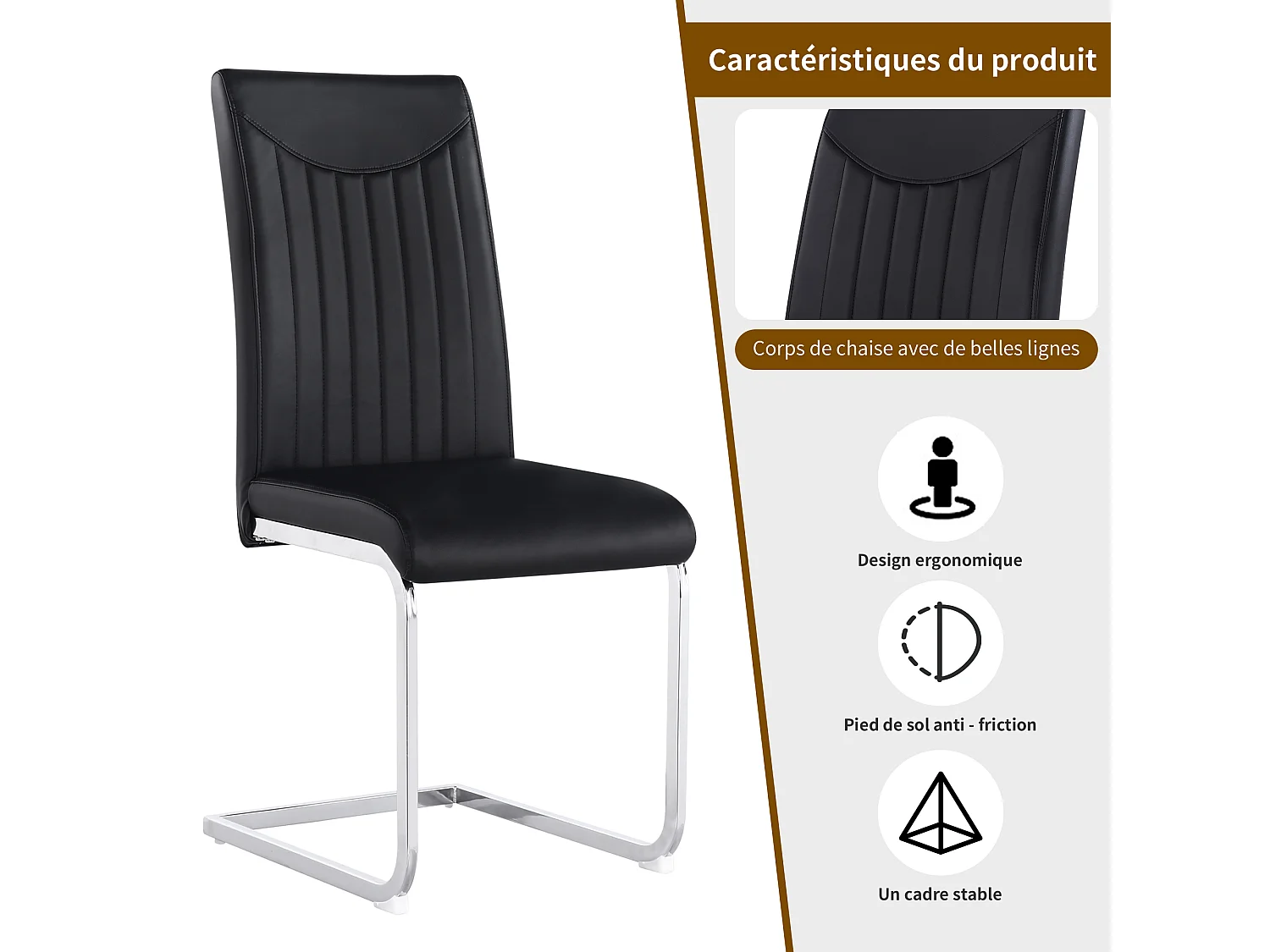 Lot de 4 chaises en cuir synthétique - pieds en métal - dossier à motif rayures - noir