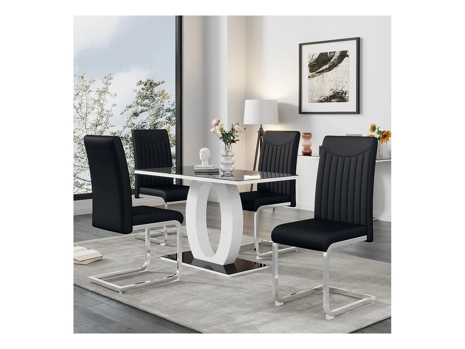 Set van 4 stoelen van synthetisch leer - metalen poten - rugleuning met gestreept patroon - zwart