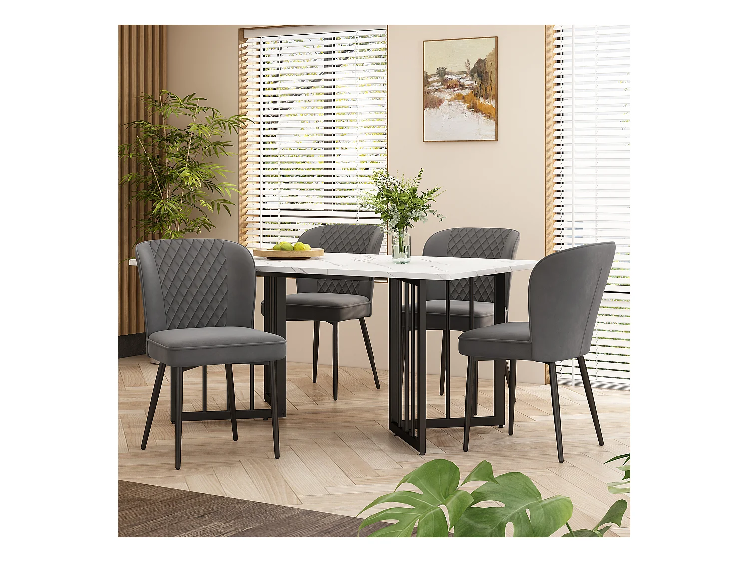 Eettafelset met 4 fluwelen stoelen - MDF hout en metaal - Grijs