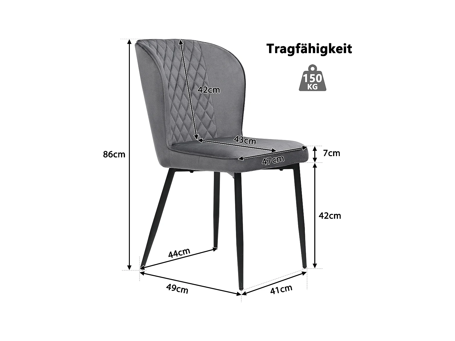 Ensemble table à manger avec 4 chaises en velours - Bois MDF et métal - Gris