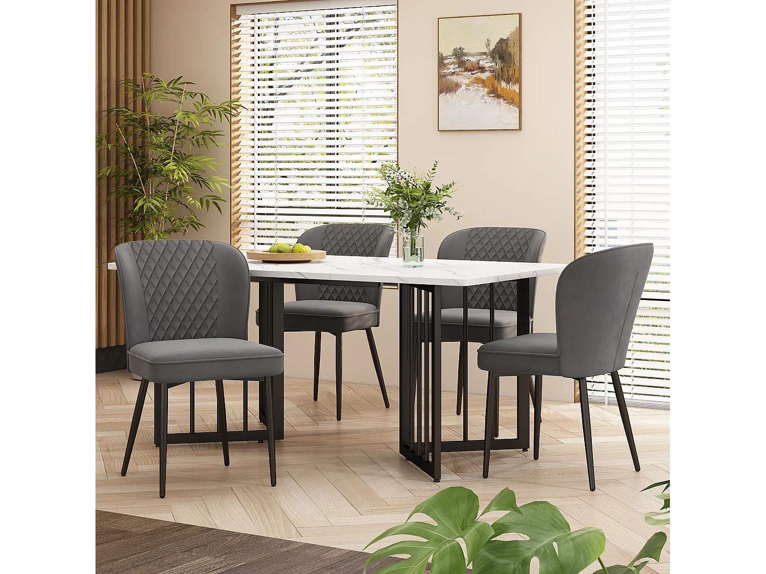 Eettafelset met 4 fluwelen stoelen - MDF hout en metaal - Grijs