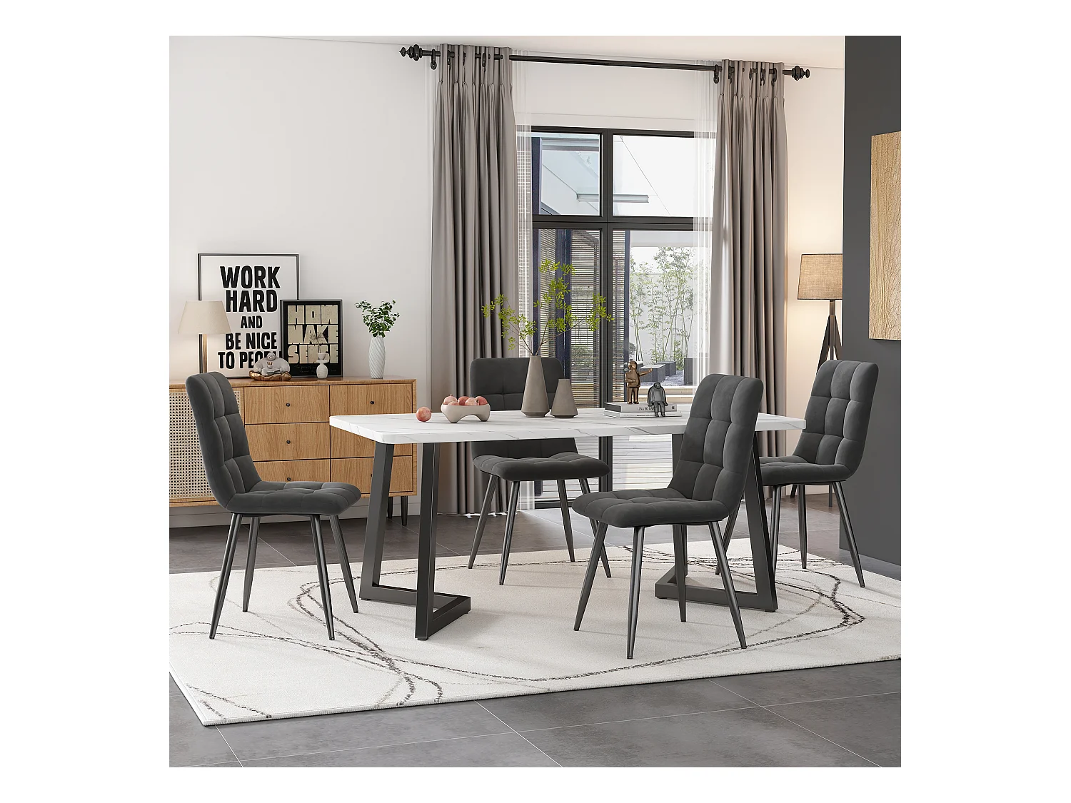 Ensemble table + 4 chaises en velours - pièds en métal - gris et blanc