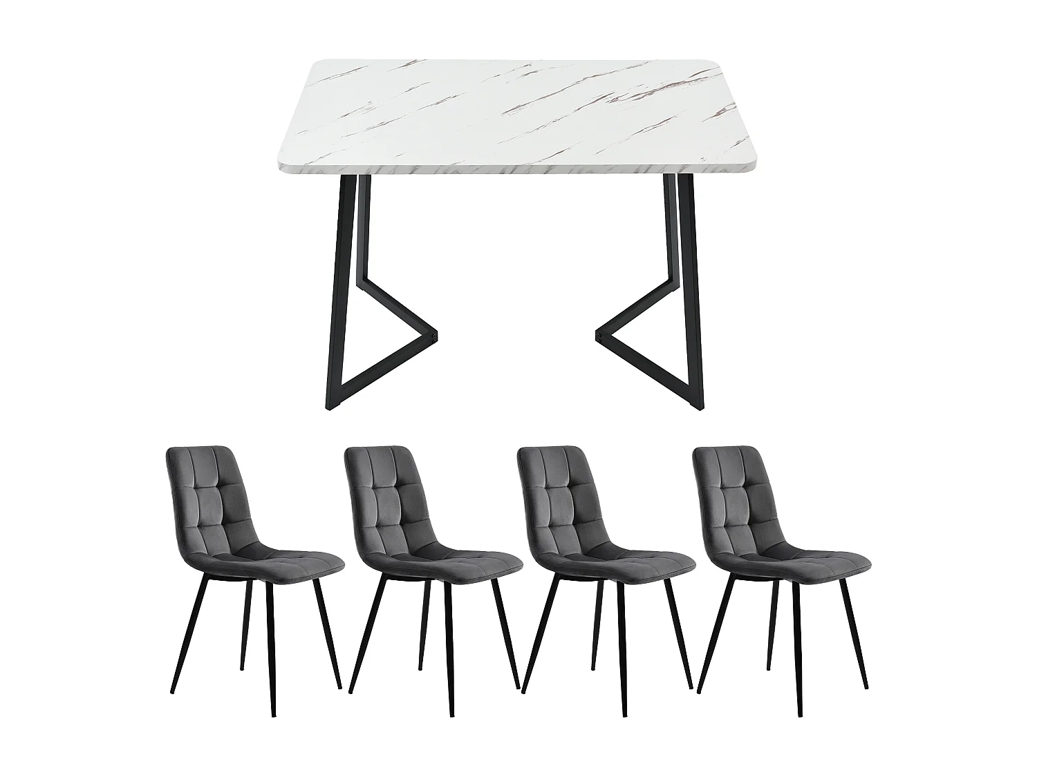Ensemble table + 4 chaises en velours - pièds en métal - gris et blanc
